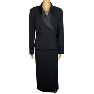 Kasper ASL Polyester Rayon Tuxedo VTG Skirt Suit 10 Black Double Breasted 2PC